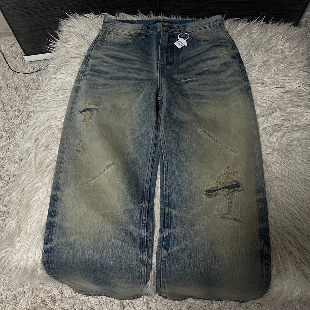 Vintage Faded Wash Distressed Ripped Wide-leg Baggy Denim Jeans Pants Blue sz 31 - Picture 6 of 16